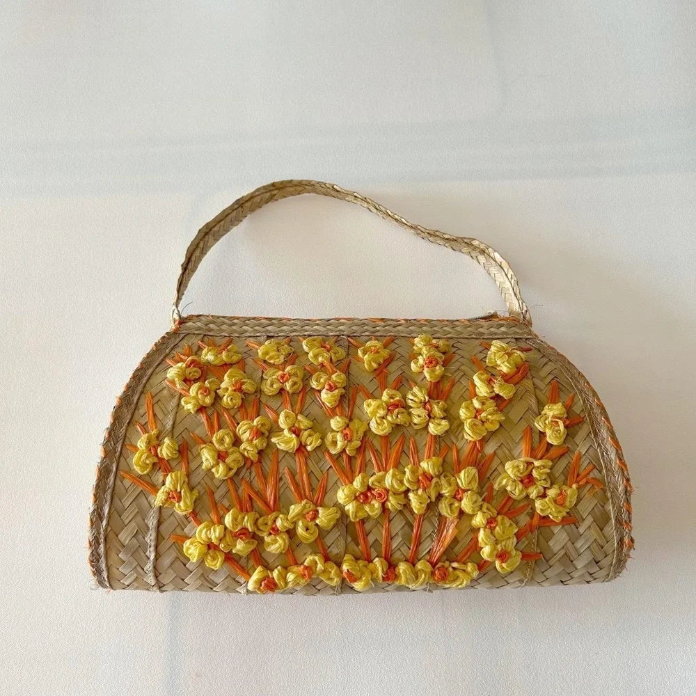 Vtg Woven Straw Handbag‎ Top Handle Orange Yellow Raffia Floral Boho Purse
